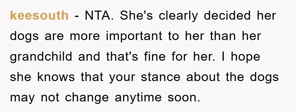 keesouth − NTA. She's clearly decided her dogs are more important to her than her grandchild and that's fine for her. I hope she knows that your stance about the...