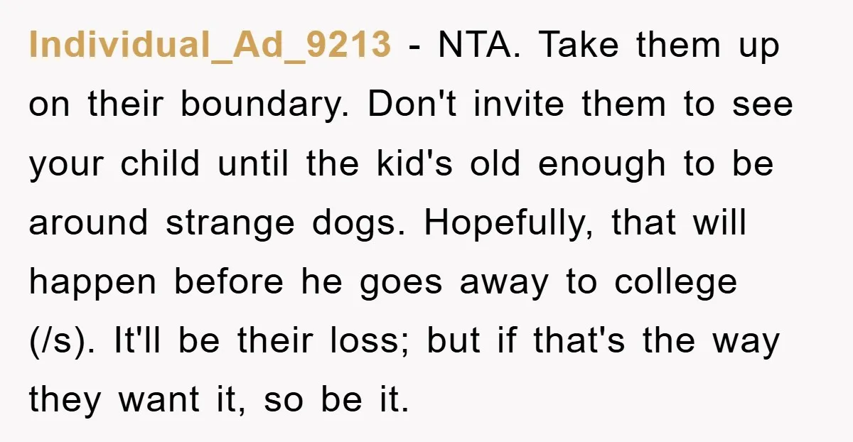 Individual_Ad_9213 − NTA. Take them up on their boundary. Don't invite them to see your child until the kid's old enough to be around strange dogs. Hopefully, that will happen...