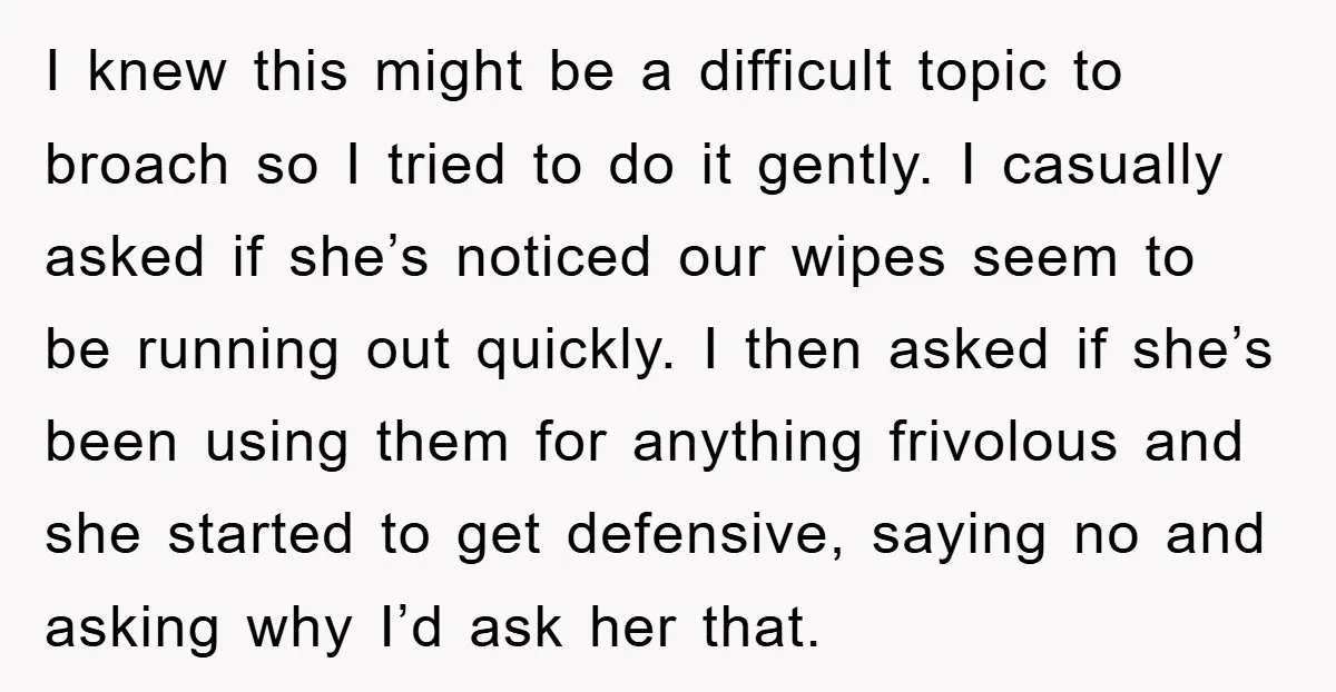 I knew this might be a difficult topic to broach so I tried to do it gently. I casually asked if she’s noticed our wipes seem to be running out...