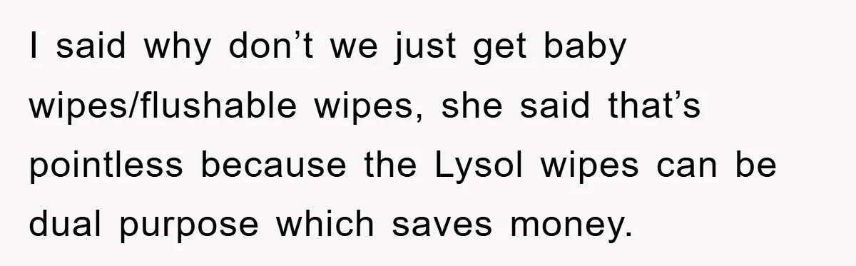 I said why don’t we just get baby wipes/flushable wipes, she said that’s pointless because the Lysol wipes can be dual purpose which saves money.