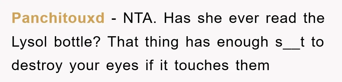 Panchitouxd − NTA. Has she ever read the Lysol bottle? That thing has enough s__t to destroy your eyes if it touches them