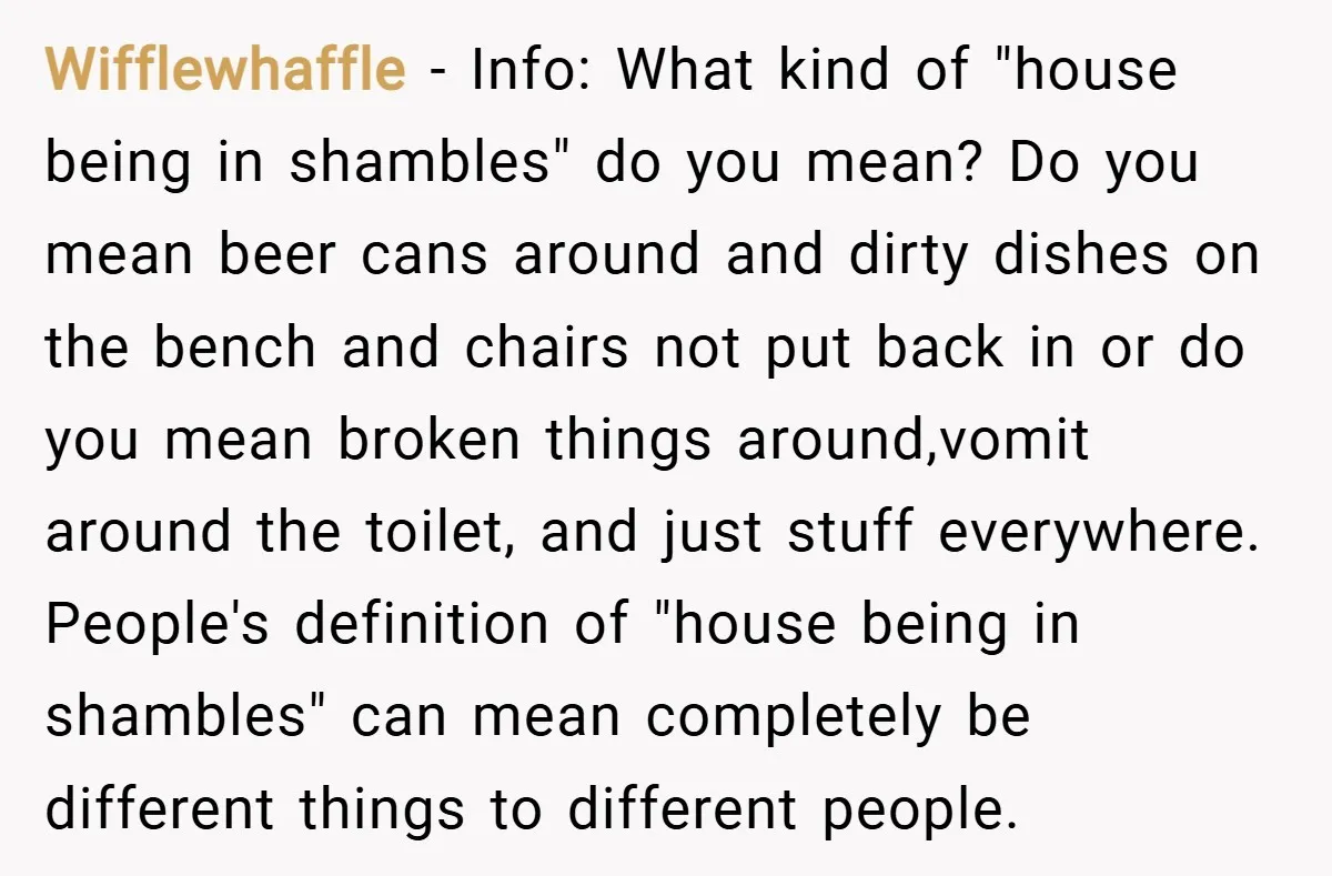 Wifflewhaffle − Info: What kind of "house being in shambles" do you mean? Do you mean beer cans around and dirty dishes on the bench and chairs not put back...