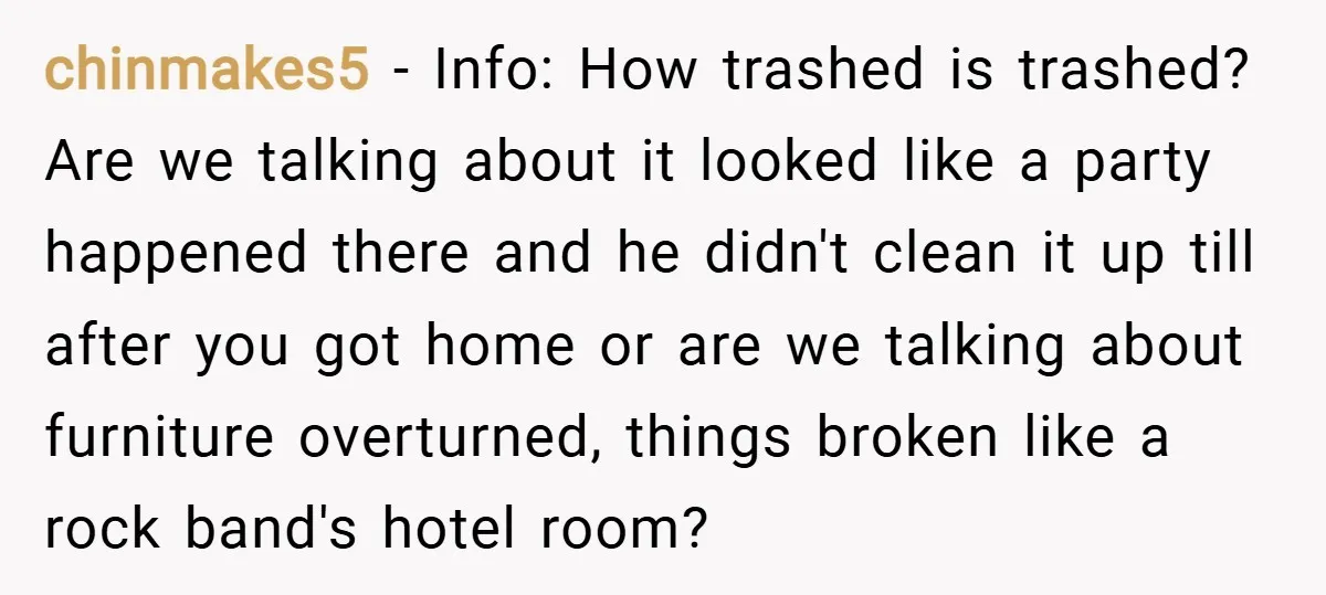 chinmakes5 − Info: How trashed is trashed? Are we talking about it looked like a party happened there and he didn't clean it up till after you got home or...