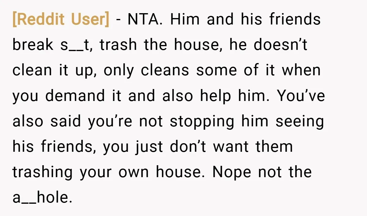 [Reddit User] − NTA. Him and his friends break s__t, trash the house, he doesn’t clean it up, only cleans some of it when you demand it and also help...