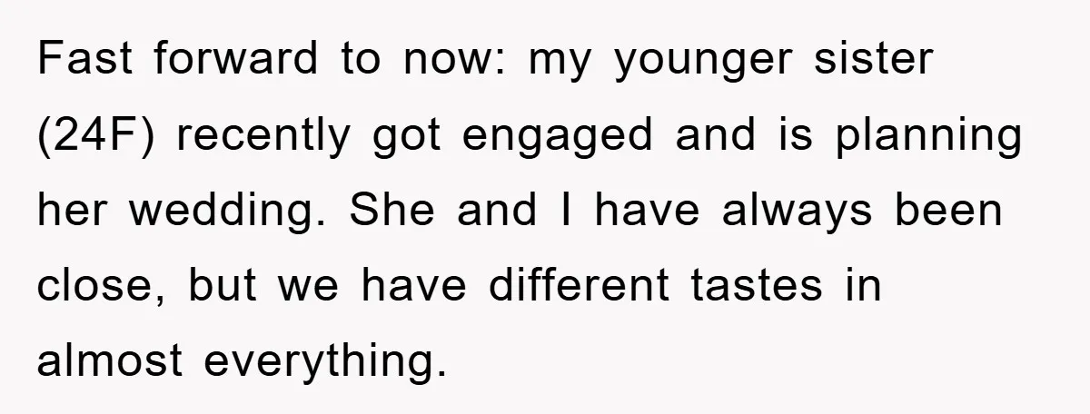 Fast forward to now: my younger sister (24F) recently got engaged and is planning her wedding. She and I have always been close, but we have different tastes in almost...