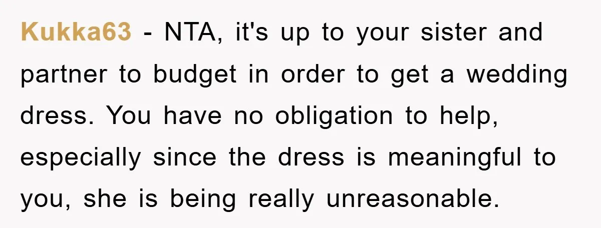 Kukka63 − NTA, it's up to your sister and partner to budget in order to get a wedding dress. You have no obligation to help, especially since the dress is...