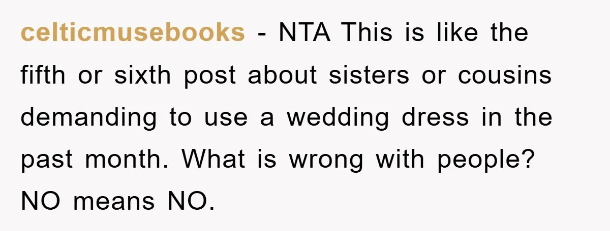celticmusebooks − NTA This is like the fifth or sixth post about sisters or cousins demanding to use a wedding dress in the past month. What is wrong with people?...