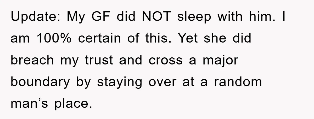 Update: My GF did NOT sleep with him. I am 100% certain of this. Yet she did breach my trust and cross a major boundary by staying over at a...