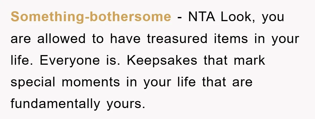Something-bothersome − NTA Look, you are allowed to have treasured items in your life. Everyone is. Keepsakes that mark special moments in your life that are fundamentally yours.