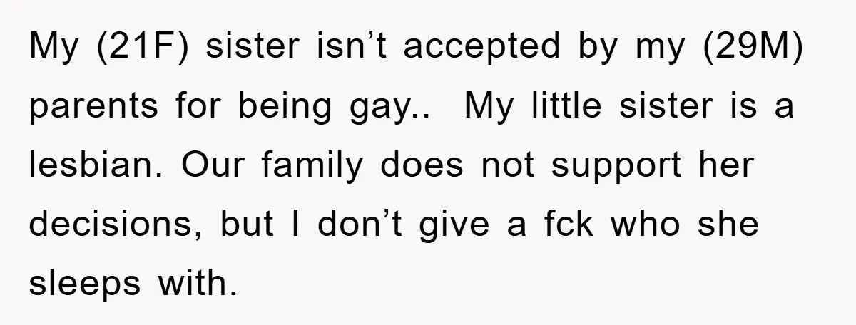My (21F) sister isn’t accepted by my (29M) parents for being gay.. My little sister is a lesbian. Our family does not support her decisions, but I don’t give a...