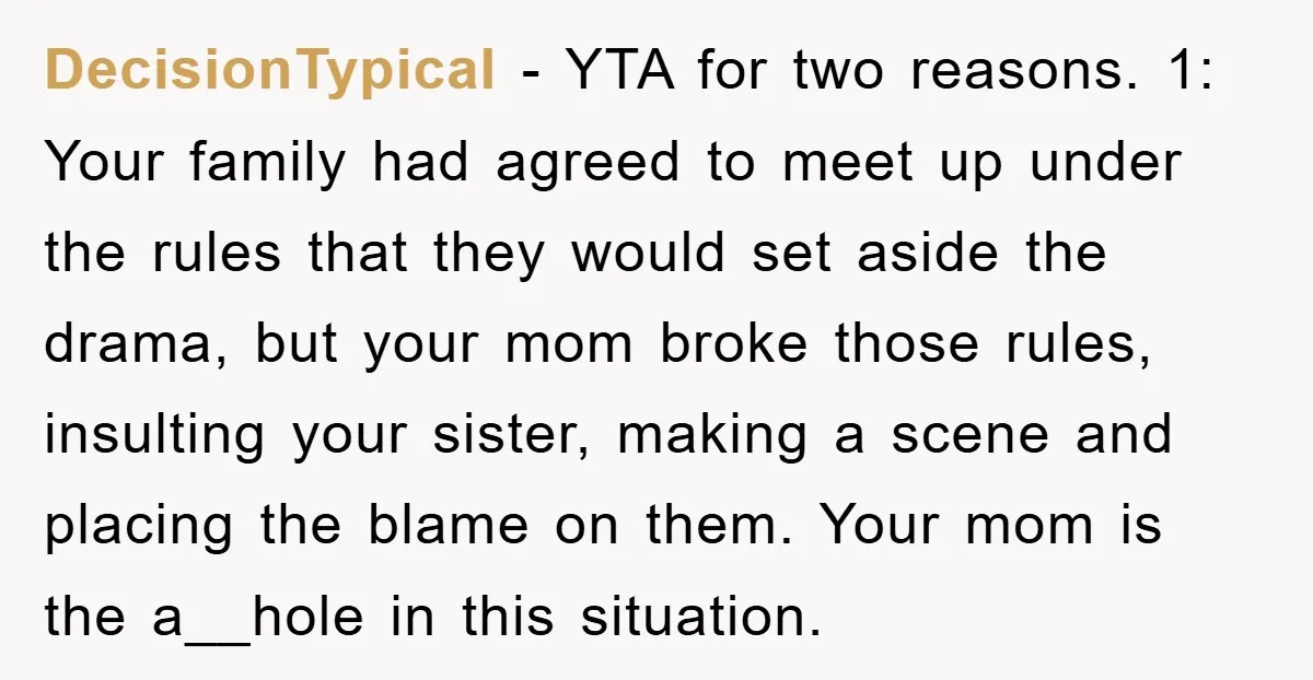 DecisionTypical − YTA for two reasons. 1: Your family had agreed to meet up under the rules that they would set aside the drama, but your mom broke those rules,...