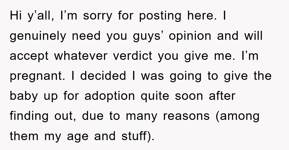 Hi y’all, I’m sorry for posting here. I genuinely need you guys’ opinion and will accept whatever verdict you give me. I’m pregnant. I decided I was going to give...