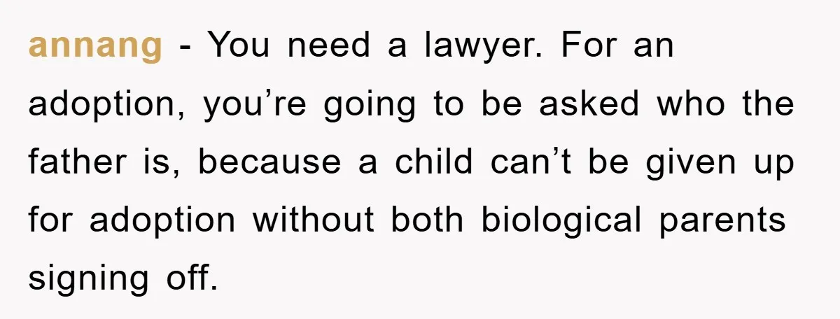 annang − You need a lawyer. For an adoption, you’re going to be asked who the father is, because a child can’t be given up for adoption without both biological...