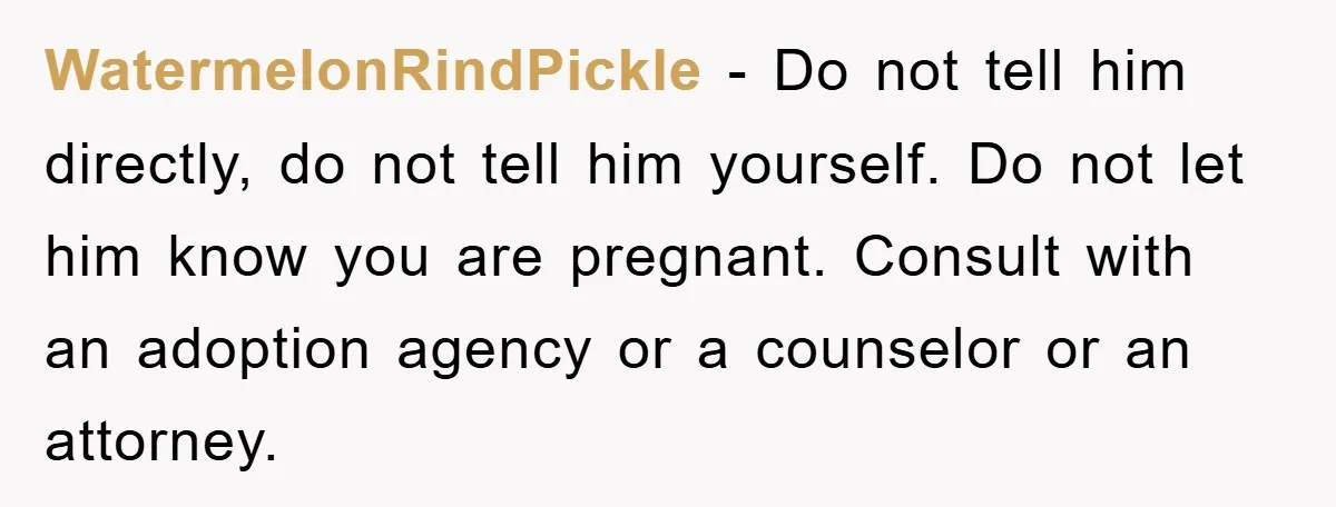 WatermelonRindPickle − Do not tell him directly, do not tell him yourself. Do not let him know you are pregnant. Consult with an adoption agency or a counselor or an...