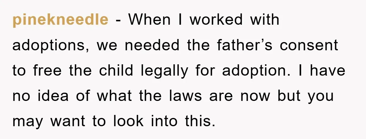 pinekneedle − When I worked with adoptions, we needed the father’s consent to free the child legally for adoption. I have no idea of what the laws are now but...
