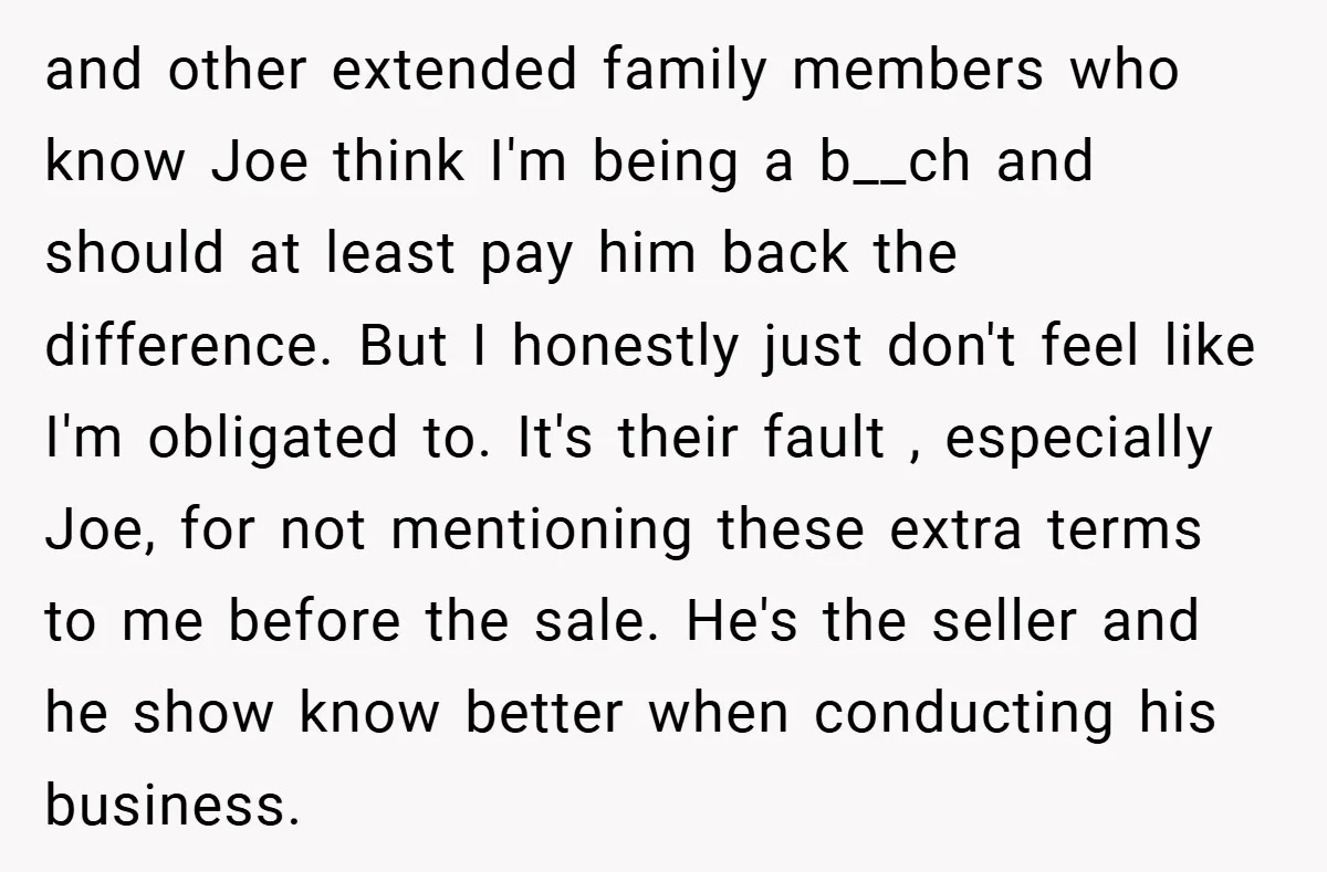 and other extended family members who know Joe think I'm being a b__ch and should at least pay him back the difference. But I honestly just don't feel like I'm...