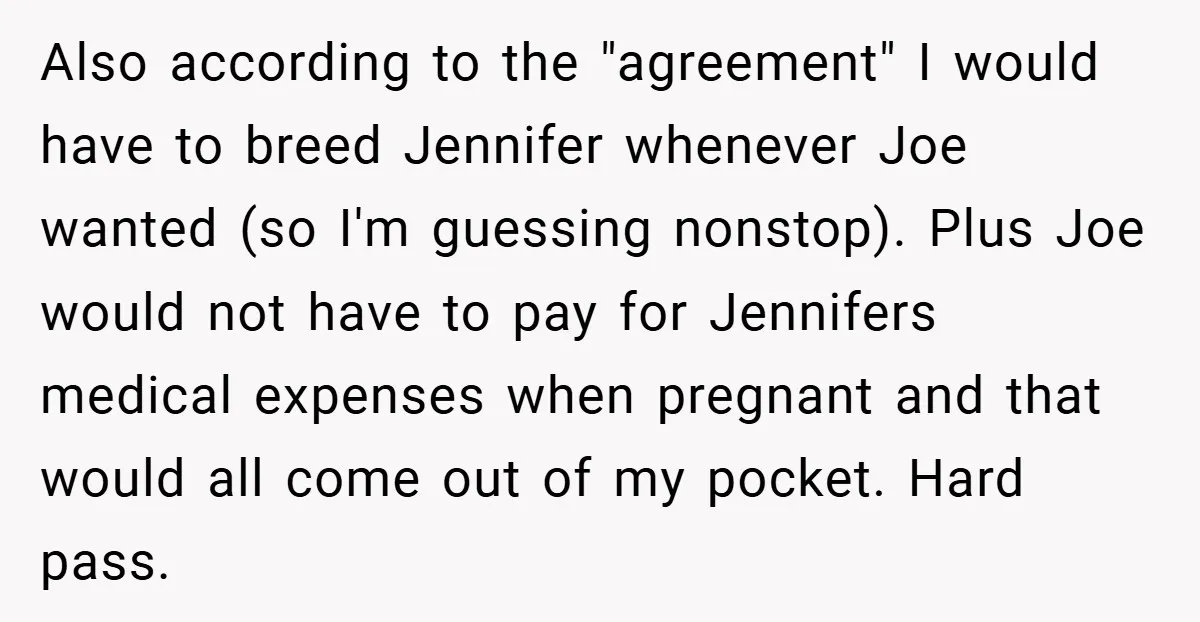 Also according to the "agreement" I would have to breed Jennifer whenever Joe wanted (so I'm guessing nonstop). Plus Joe would not have to pay for Jennifers medical expenses when...