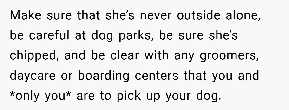 Make sure that she’s never outside alone, be careful at dog parks, be sure she’s chipped, and be clear with any groomers, daycare or boarding centers that you and *only...