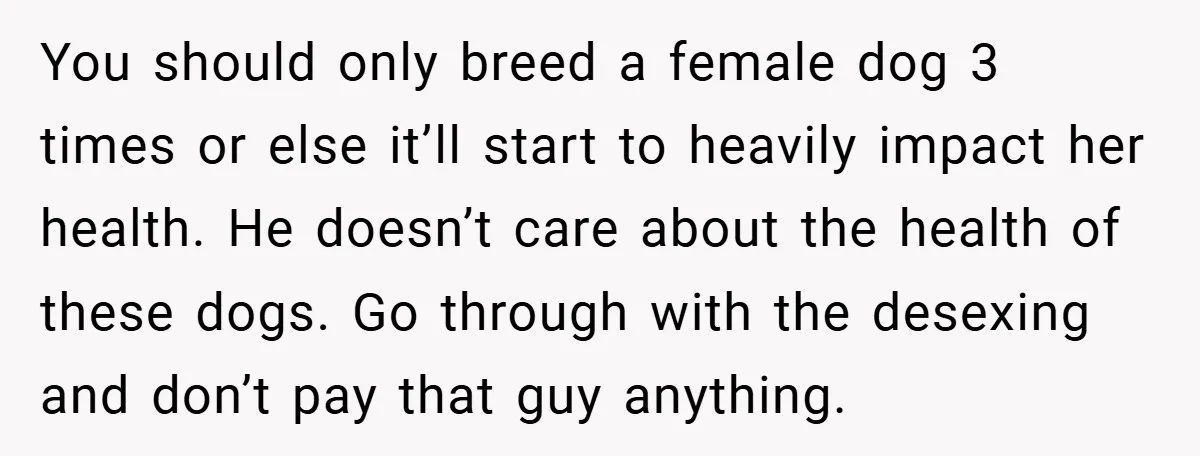 You should only breed a female dog 3 times or else it’ll start to heavily impact her health. He doesn’t care about the health of these dogs. Go through with...