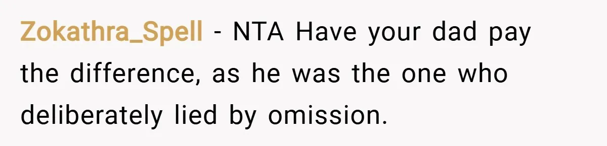 Zokathra_Spell − NTA Have your dad pay the difference, as he was the one who deliberately lied by omission.