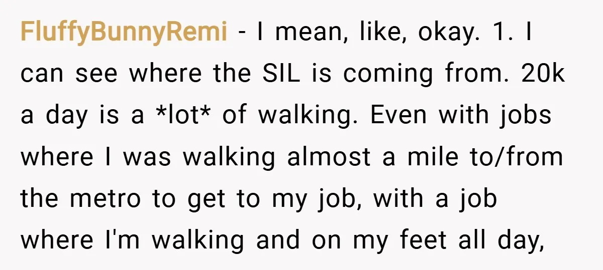 FluffyBunnyRemi − I mean, like, okay. 1. I can see where the SIL is coming from. 20k a day is a *lot* of walking. Even with jobs where I was...
