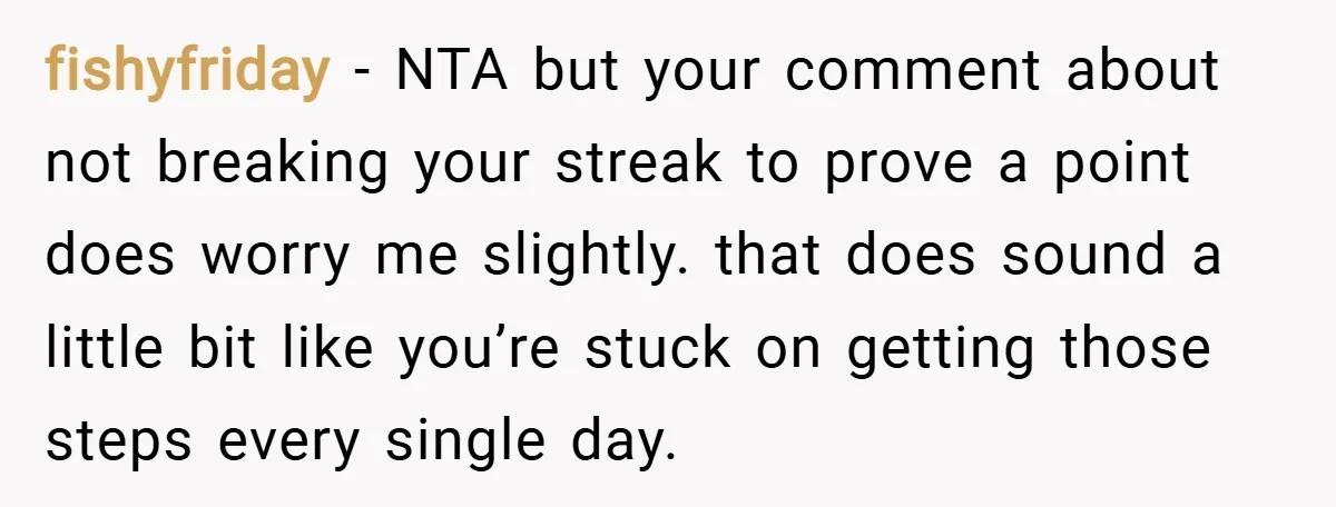 fishyfriday − NTA but your comment about not breaking your streak to prove a point does worry me slightly. that does sound a little bit like you’re stuck on getting...