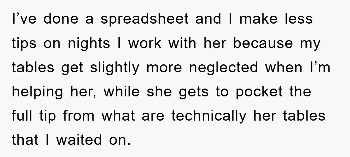 I’ve done a spreadsheet and I make less tips on nights I work with her because my tables get slightly more neglected when I’m helping her, while she gets to...