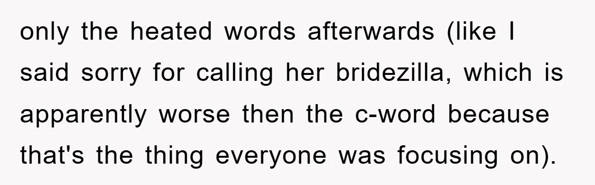 only the heated words afterwards (like I said sorry for calling her bridezilla, which is apparently worse then the c-word because that's the thing everyone was focusing on).