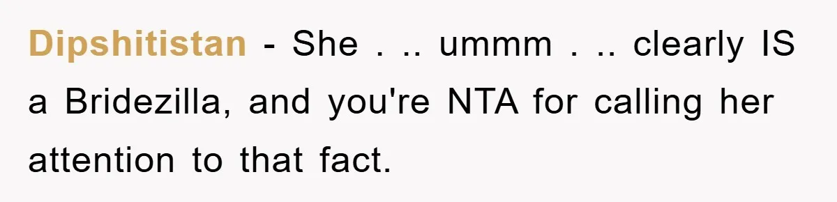 Dipshitistan − She . .. ummm . .. clearly IS a Bridezilla, and you're NTA for calling her attention to that fact.
