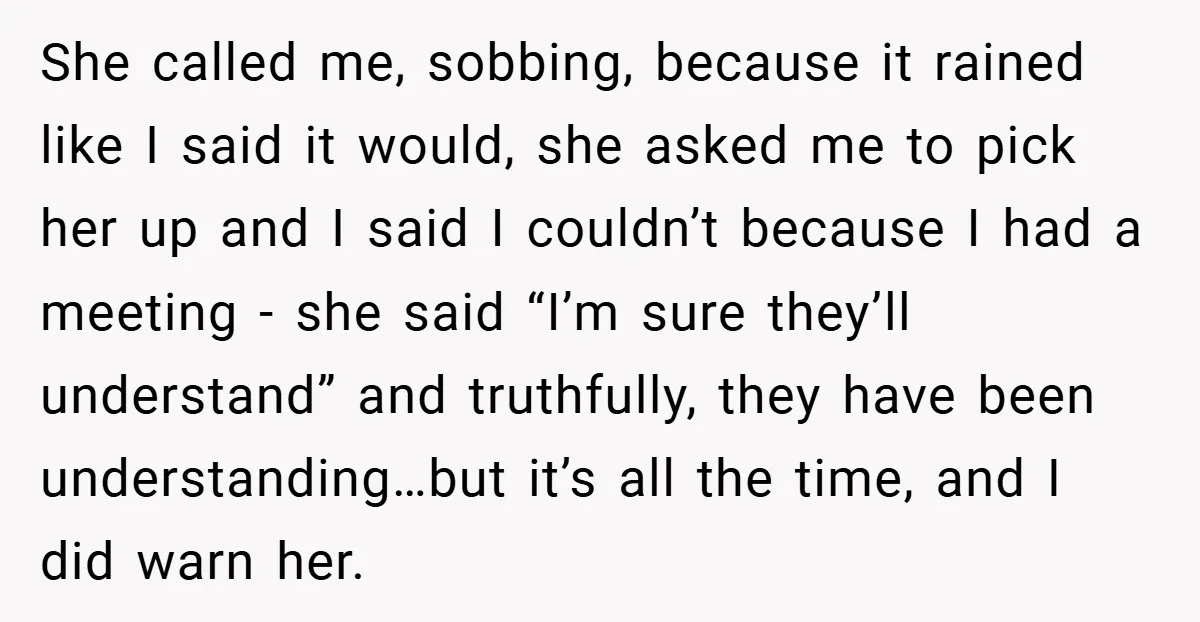 She called me, sobbing, because it rained like I said it would, she asked me to pick her up and I said I couldn’t because I had a meeting -...