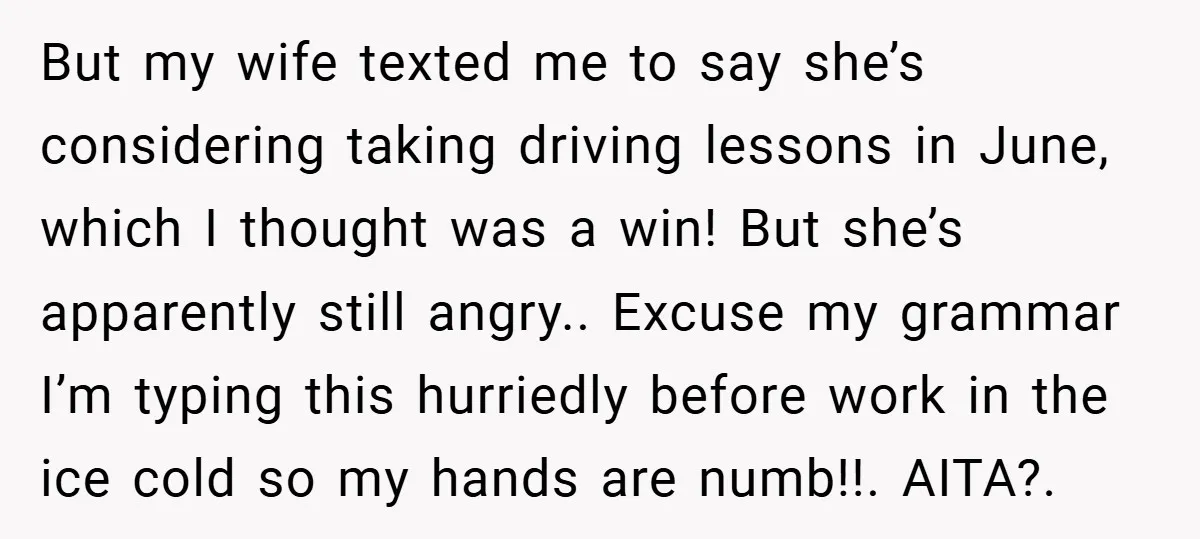 But my wife texted me to say she’s considering taking driving lessons in June, which I thought was a win! But she’s apparently still angry.. Excuse my grammar I’m typing...