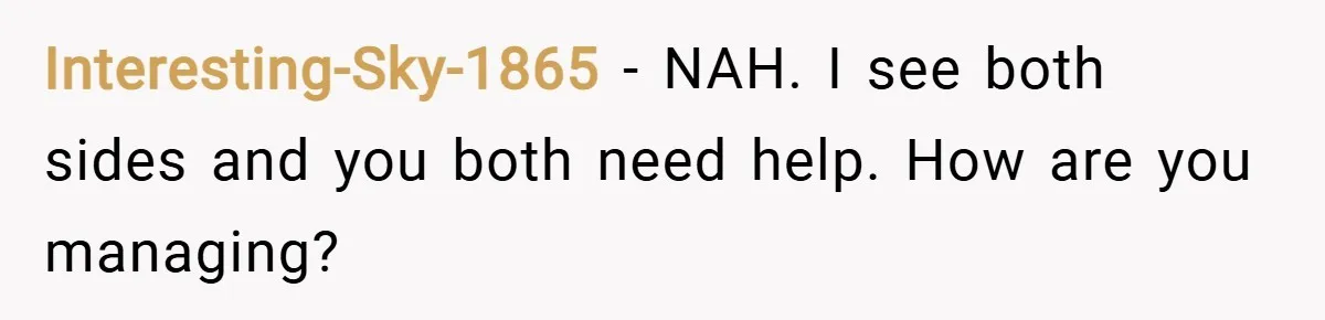 Interesting-Sky-1865 − NAH. I see both sides and you both need help. How are you managing?