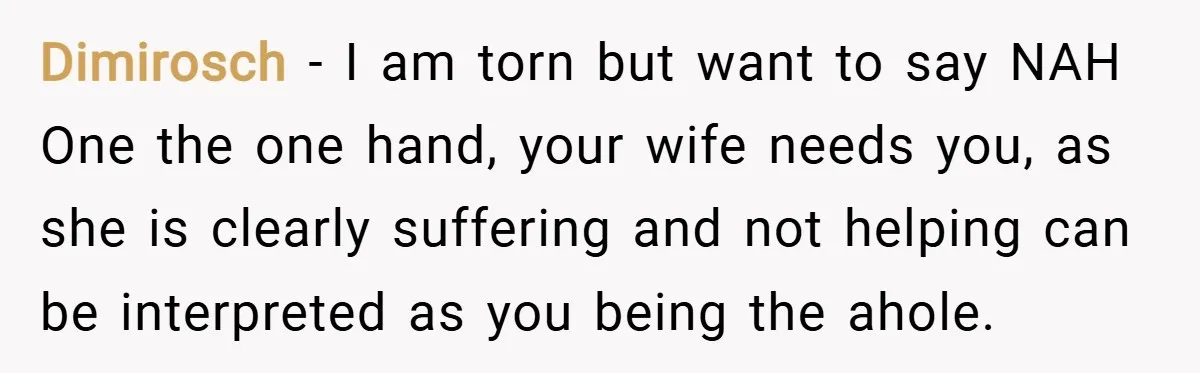 Dimirosch − I am torn but want to say NAH One the one hand, your wife needs you, as she is clearly suffering and not helping can be interpreted as...