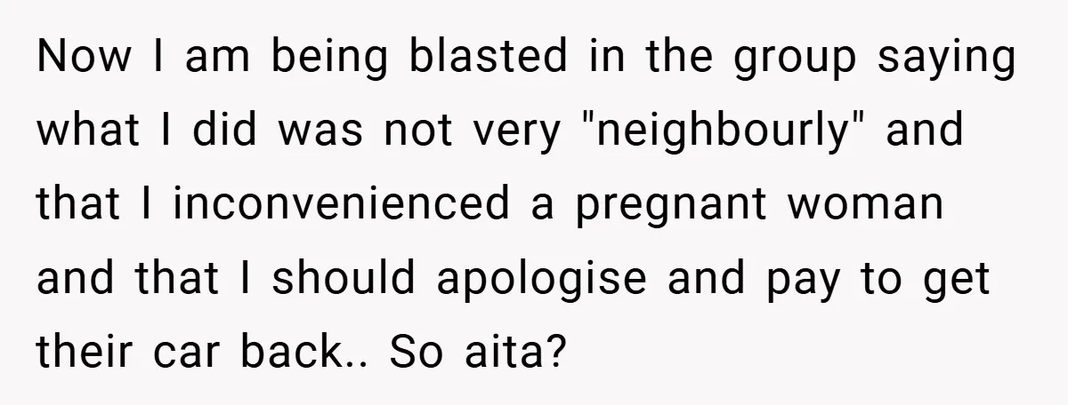 Now I am being blasted in the group saying what I did was not very "neighbourly" and that I inconvenienced a pregnant woman and that I should apologise and pay...