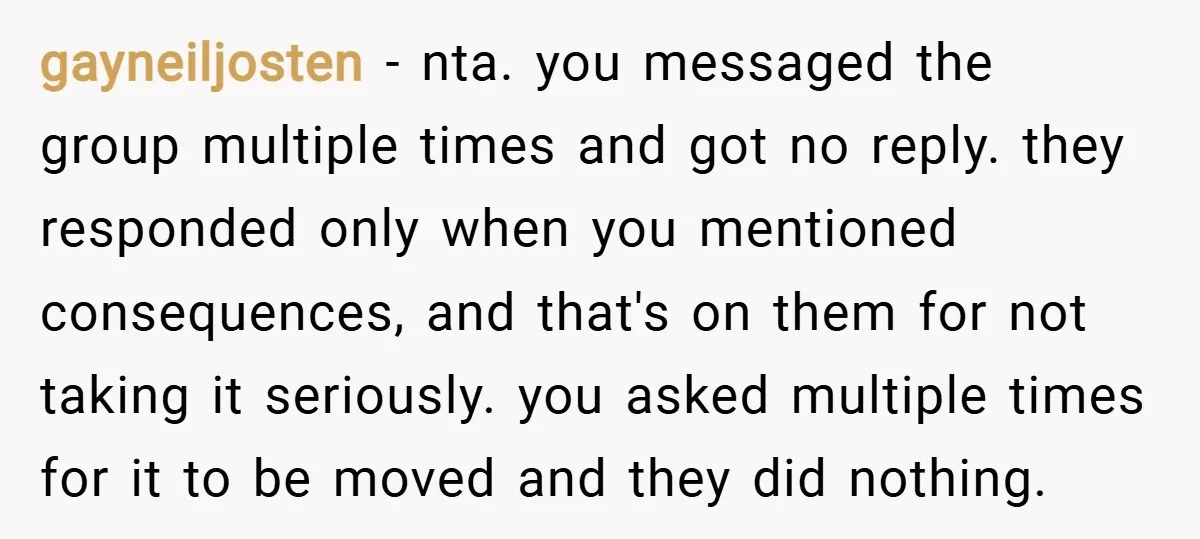 gayneiljosten − nta. you messaged the group multiple times and got no reply. they responded only when you mentioned consequences, and that's on them for not taking it seriously. you...