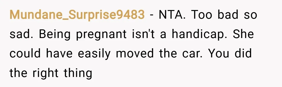 Mundane_Surprise9483 − NTA. Too bad so sad. Being pregnant isn't a handicap. She could have easily moved the car. You did the right thing