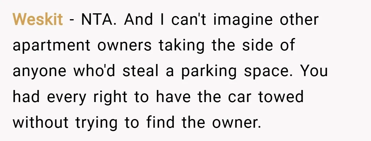 Weskit − NTA. And I can't imagine other apartment owners taking the side of anyone who'd steal a parking space. You had every right to have the car towed without...