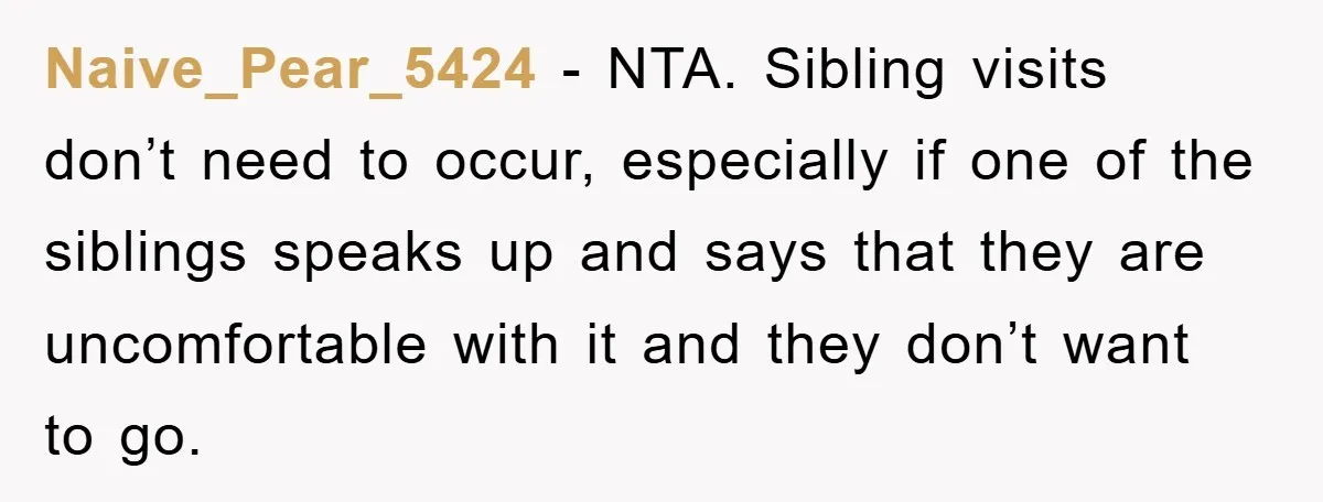Naive_Pear_5424 - NTA. Sibling visits don’t need to occur, especially if one of the siblings speaks up and says that they are uncomfortable with it and they don’t want to...
