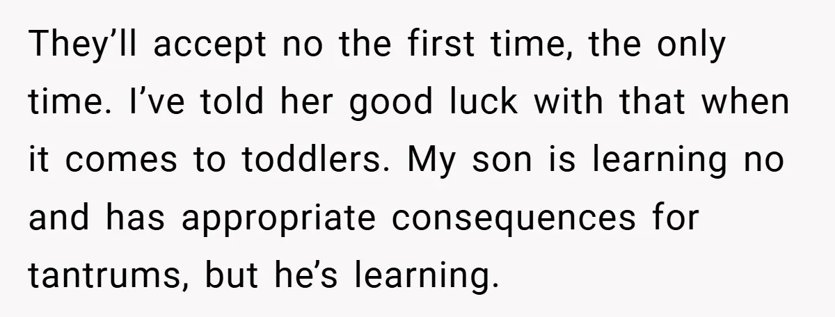 They’ll accept no the first time, the only time. I’ve told her good luck with that when it comes to toddlers. My son is learning no and has appropriate consequences...