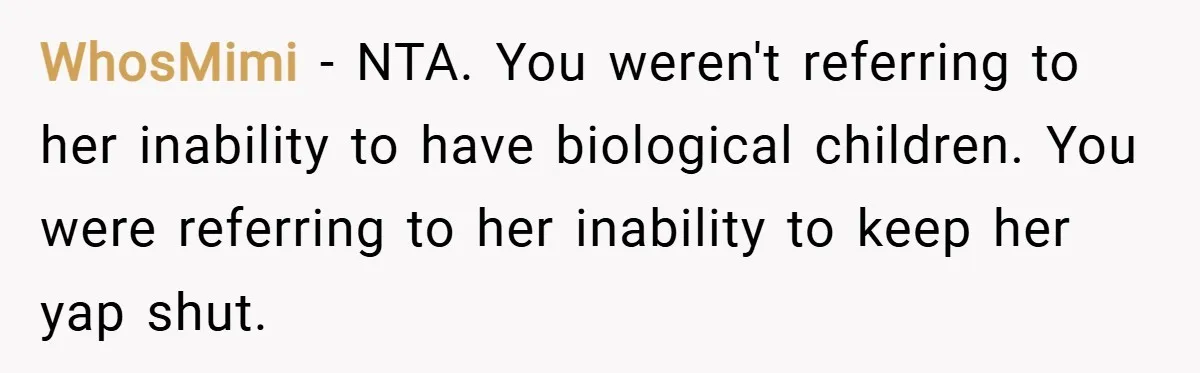 WhosMimi − NTA. You weren't referring to her inability to have biological children. You were referring to her inability to keep her yap shut.