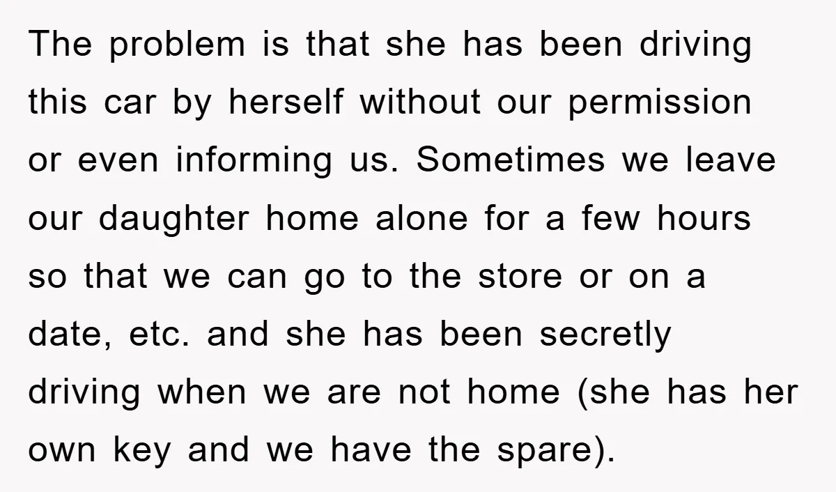 The problem is that she has been driving this car by herself without our permission or even informing us. Sometimes we leave our daughter home alone for a few hours...