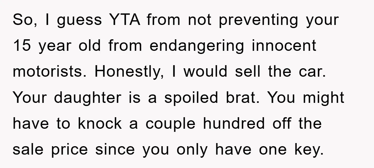 So, I guess YTA from not preventing your 15 year old from endangering innocent motorists. Honestly, I would sell the car. Your daughter is a spoiled brat. You might have...