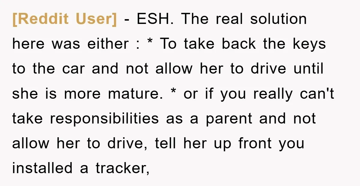 [Reddit User] - ESH. The real solution here was either : * To take back the keys to the car and not allow her to drive until she is more...