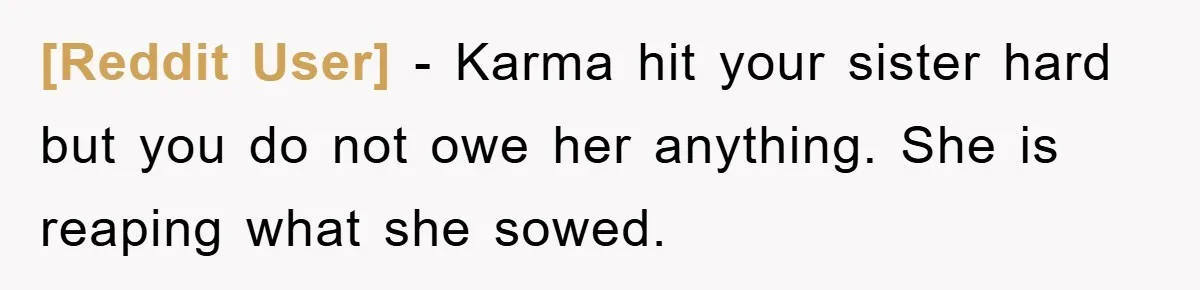 [Reddit User] - Karma hit your sister hard but you do not owe her anything. She is reaping what she sowed.