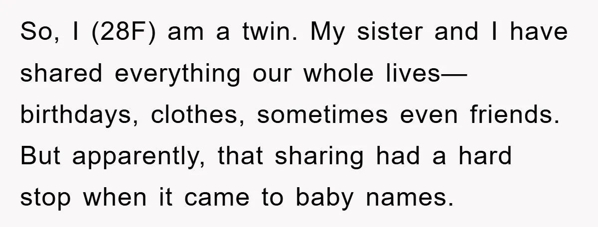 So, I (28F) am a twin. My sister and I have shared everything our whole lives—birthdays, clothes, sometimes even friends. But apparently, that sharing had a hard stop when it...