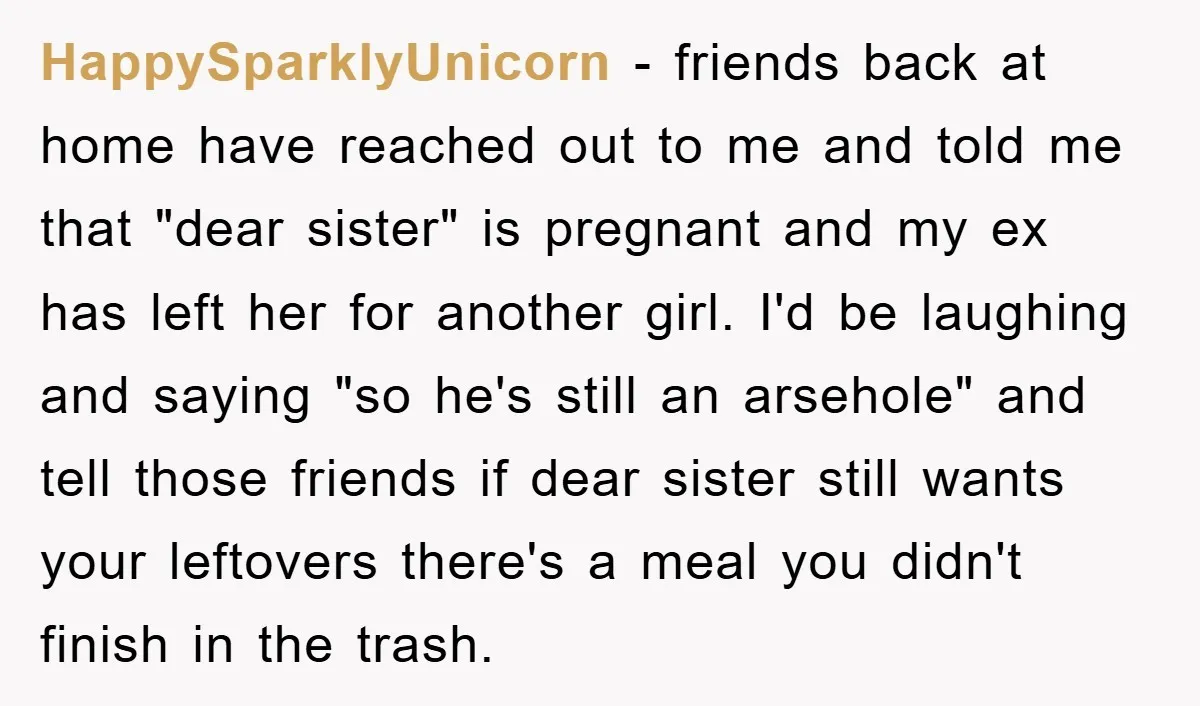HappySparklyUnicorn - friends back at home have reached out to me and told me that "dear sister" is pregnant and my ex has left her for another girl. I'd be...