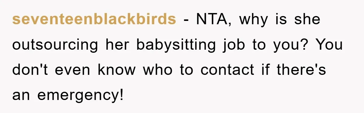 seventeenblackbirds − NTA, why is she outsourcing her babysitting job to you? You don't even know who to contact if there's an emergency!