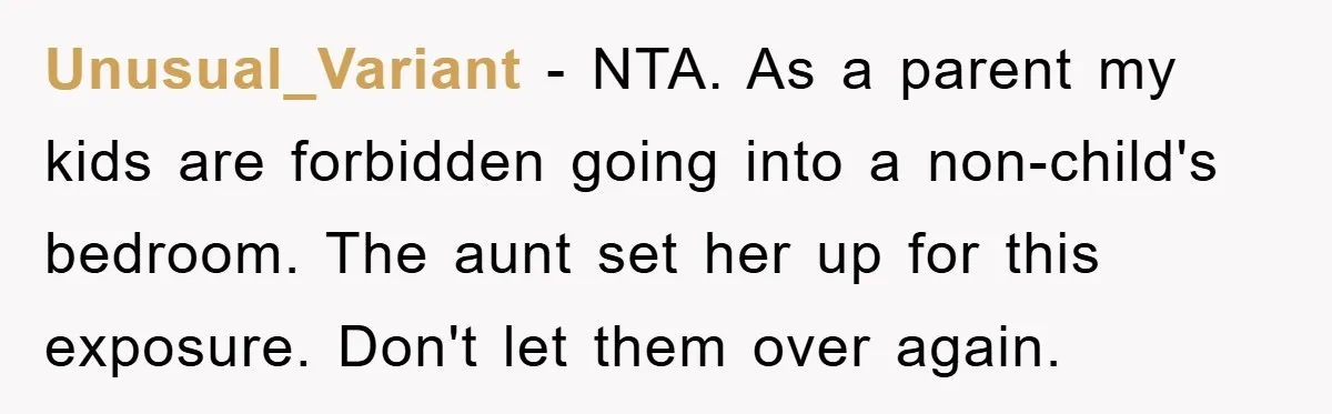 Unusual_Variant - NTA. As a parent my kids are forbidden going into a non-child's bedroom. The aunt set her up for this exposure. Don't let them over again.