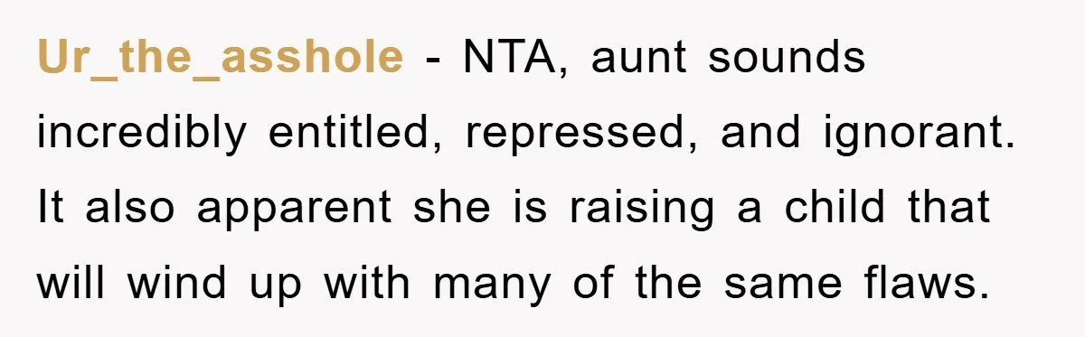 Ur_the_asshole - NTA, aunt sounds incredibly entitled, repressed, and ignorant. It also apparent she is raising a child that will wind up with many of the same flaws.