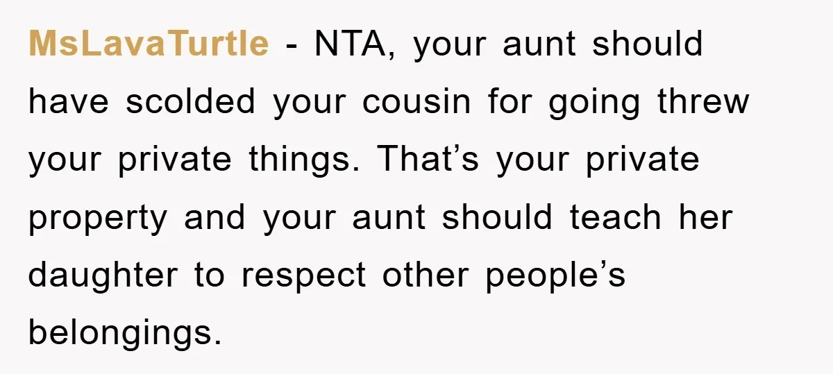 MsLavaTurtle - NTA, your aunt should have scolded your cousin for going threw your private things. That’s your private property and your aunt should teach her daughter to respect other...